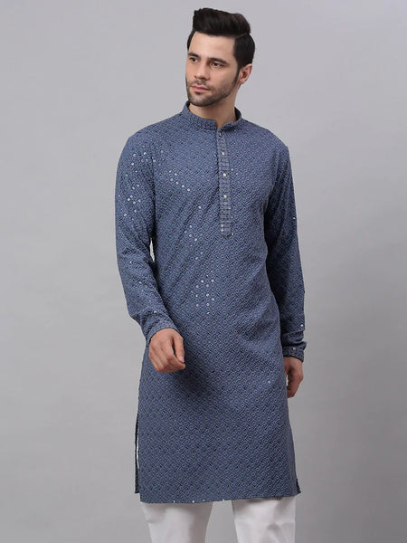 Jompers Men's Grey Chikankari Embroidered and Sequence Kurta Only