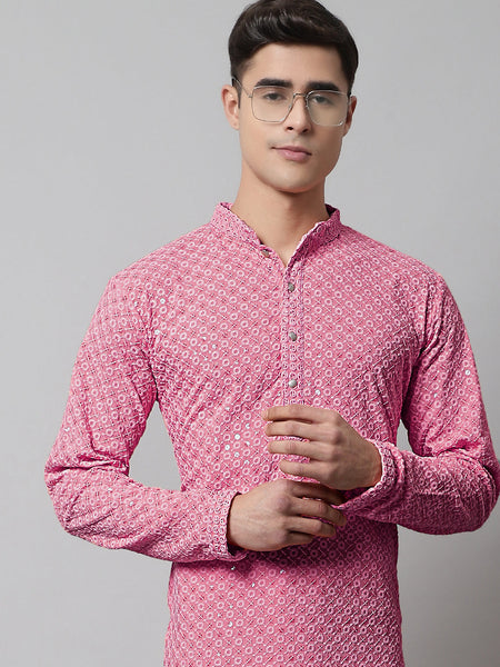Jompers Men's Pink Chikankari Embroidered and Sequence Kurta