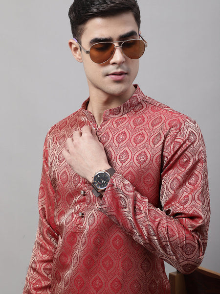 Jompers Men's Ethnic Maroon Woven Design Kurta