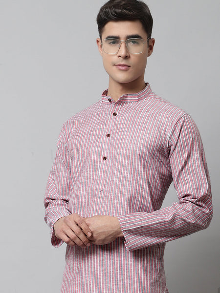 Jompers Men's Coral Red Striped Kurta