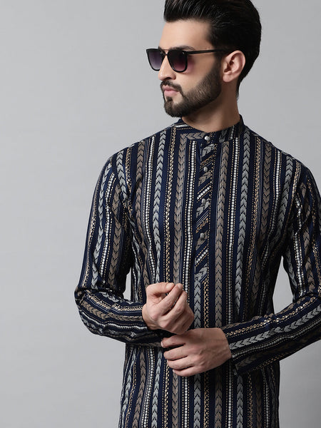 Jompers Men's Navy Blue Foil Printed Kurta