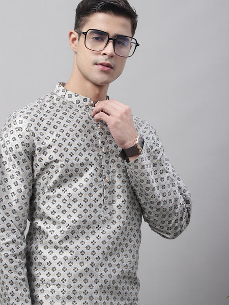 Jompers Men's Grey Printed Silk Blend Kurta