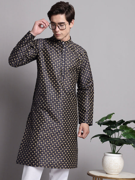 Jompers Men's Navy Blue Printed Silk Blend Kurta