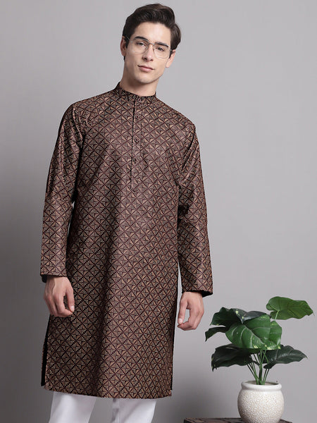 Jompers Men's Coffee Brown Printed Pure Cotton Kurta