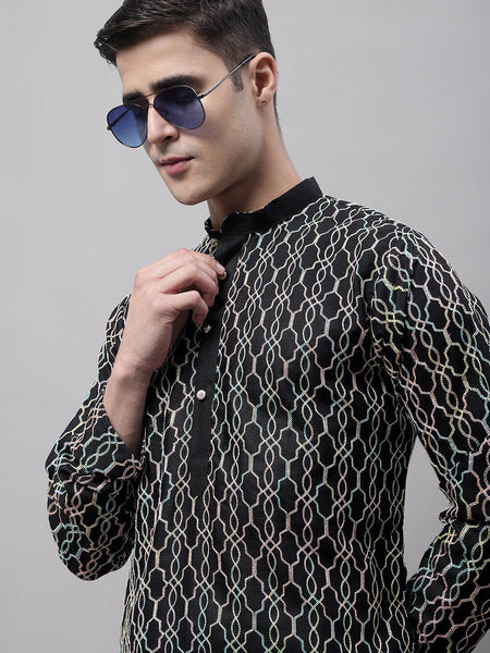 Jompers Men's Black and Multi Coloured Embroidered Straight Kurta