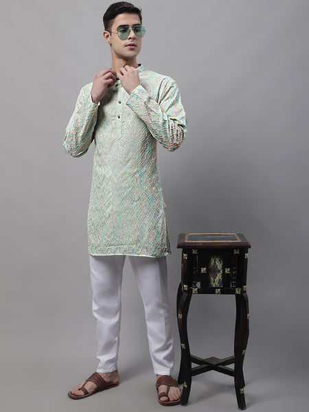 Jompers Men's Pista Green and Multi Coloured Embroidered Straight Kurta