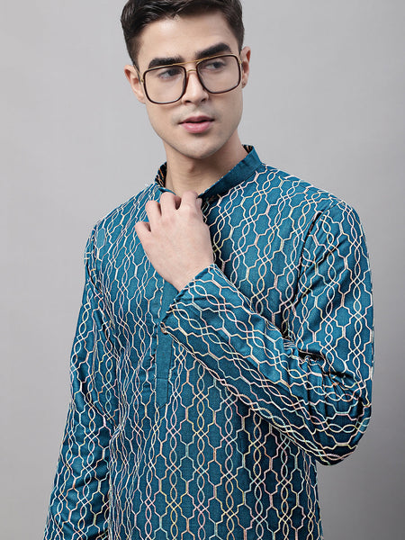 Jompers Men's Teal Blue and Multi Coloured Embroidered Straight Kurta