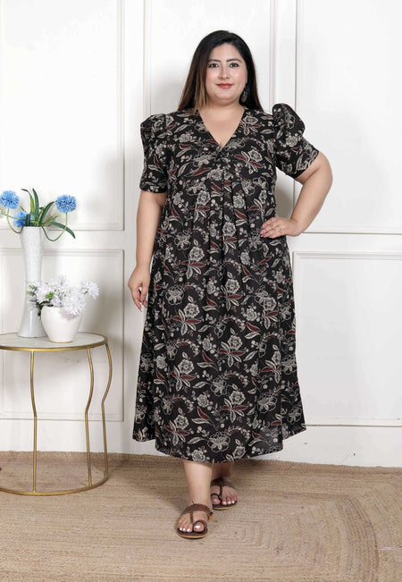 Miravan Women's Plus Size Multicolored Pleated Puff Sleeve Floral Pure Cotton Butterfly Maxi Dress
