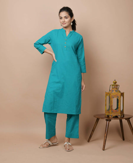 Kaajh Women's Teal Green Solid Cotton Kurta Pant Set