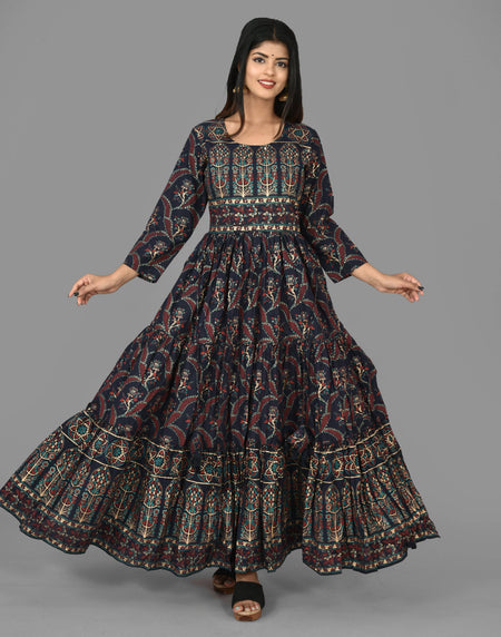 Kaajh Women's Blue Gold Printed Ethnic Anarkali Kurta