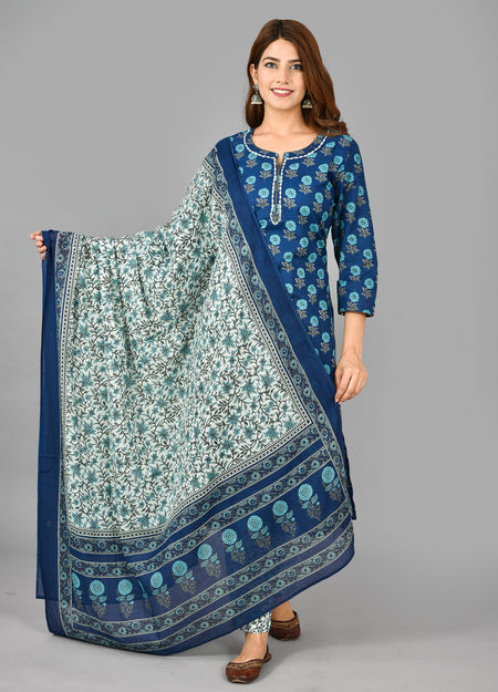 Kaajh Women's Blue Floral Print Cotton Suit Set