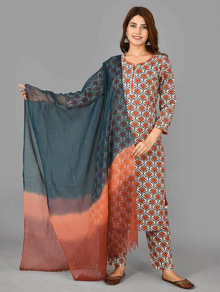 Kaajh Women's Red Floral Printet Cotton Suit Set