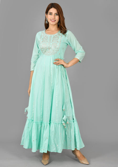 Kaajh Women's Green Mirror Embroidery Anarkali Kurta
