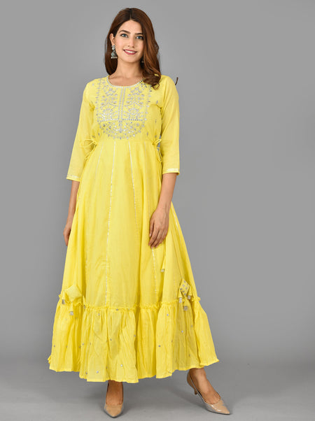 Kaajh Women's Yellow Mirror Embroidery Anarkali Kurta