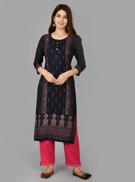 Kaajh Women's Blue Printed Rayon Stitched Kurta Pant Set