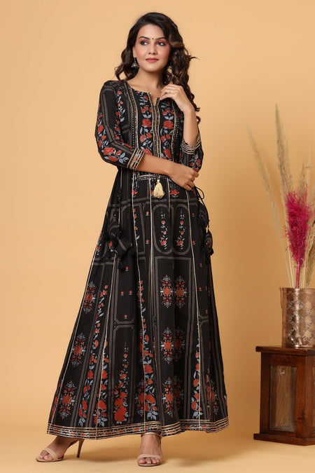Kaajh Women's Black Embellishment Printed Anarkali Kurta