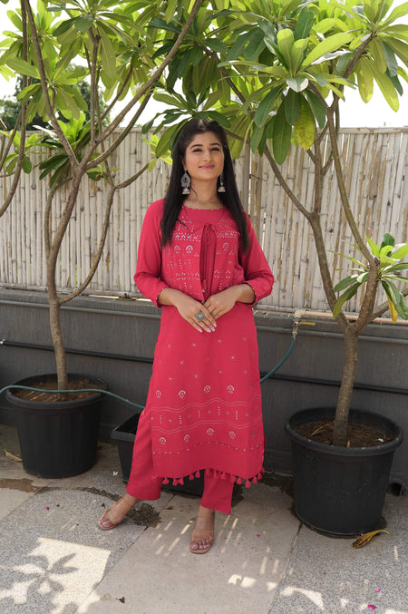 Kaajh Women's Red Printed Jacket Kurta Pant Set
