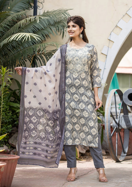 Kaajh Women's Grey Modal Silk Embroidered Suit Set