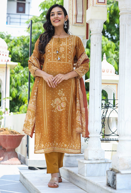 Kaajh Women's Mustard Festive Chanderi Print Kurta Set With Trouser And Dupatta