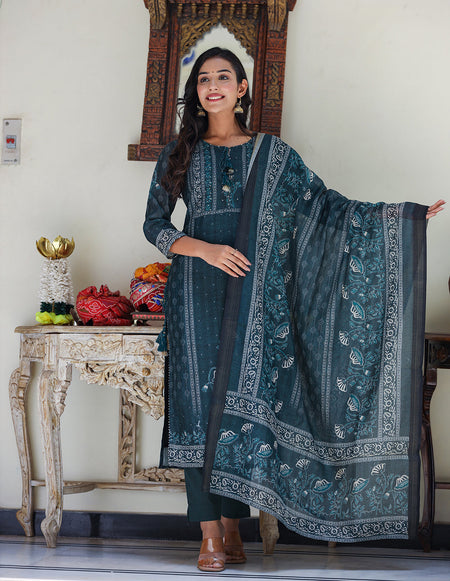 Kaajh Women's Royal Blue Chanderi Kurta Set With Pant And Dupatta