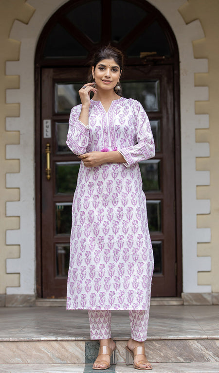 Kaajh Women's White Purple Ethnic Printed Cotton Kurta Pant Set