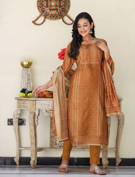 Kaajh Women's Mustard Yellow Chanderi Kurta Set With Trouser And Dupatta