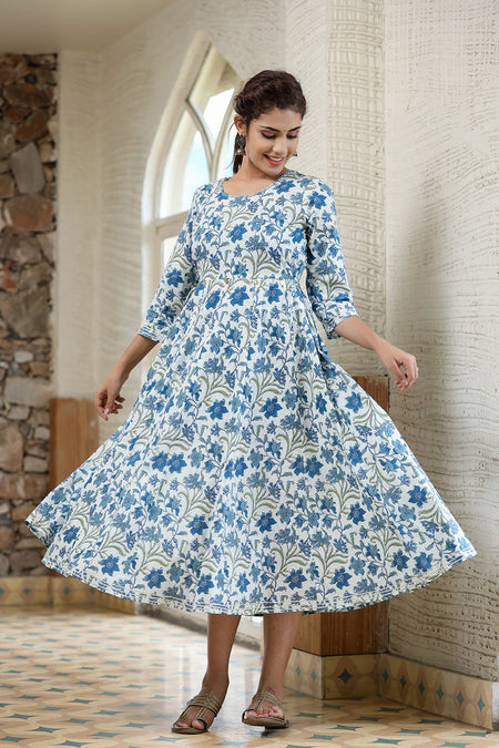 Kaajh Women's Blue Green Floral Printed Cotton Ethnic Dress