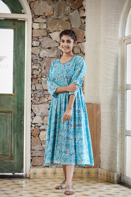 Kaajh Women's Sky Blue Floral Printed Cotton Ethnic Dress