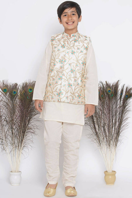 Little Bansi Banarsi Silk Pink Blue Floral Embroidery Jacket with Cotton Kantha kurta and Kantha Pyjama - Cream
