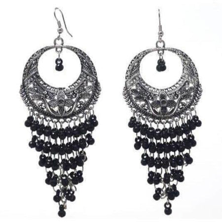 MS Fashion India Oxidized Black Jhalar Long Drop Party Beads Alloy Chandbali Earrings