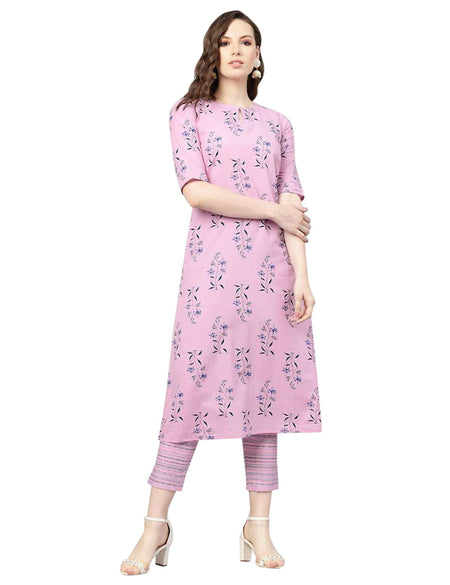 Vamika Printed Cotton Pink Party Wear/Casual Wear Women's Kurta Set/Suit