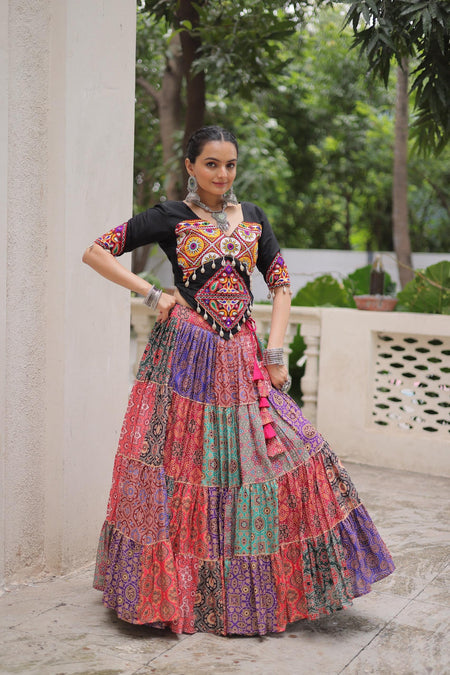 Prazu Fashion Black Kutchi Gamthi Embroidered Codi Lace Work Lehenga For Navratri