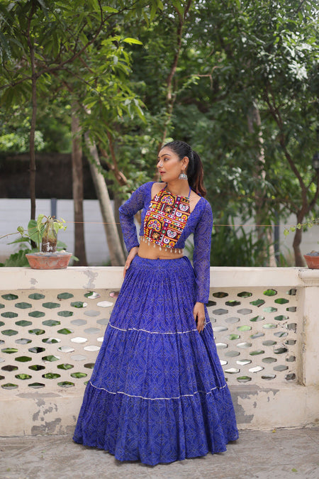 Lorenvalley Fashion Blue Faux Georgette Bandhej Print with Gotta Patti Lace Work Lehenga Choli