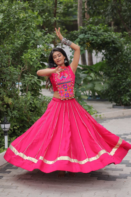 Prazu Fashion Pink Roman Silk Kutchi Gamthi Embroidered & Mirror Work Navaratri Lehenga