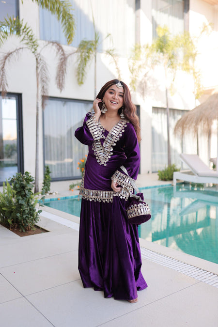 Prazu Fashion Violet Velvet With Zari Embroidered & Real Mirror Work Plazzo With Potli Bag