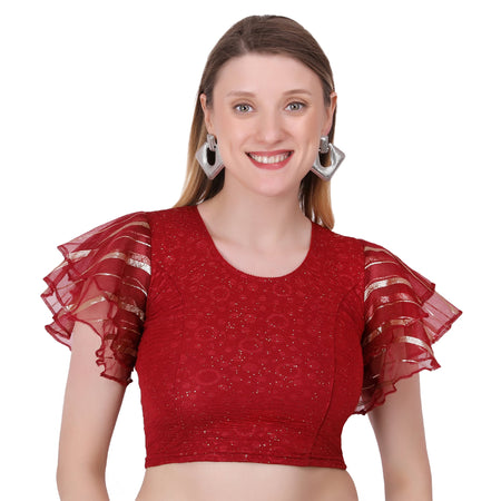 Vamika Crush Lycra Maroon Frill Sleeves Blouse