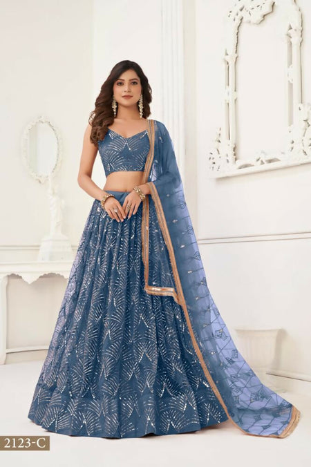 Aastha Fashion More Peach Butterfly Net Tone To Tone Thread Work, Sequence Work And Original Mirror Work Embroidery Wedding Wear Lehenga Choli