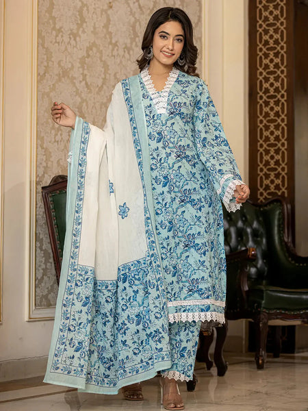 Yufta Light Blue Floral Print Straight Pakistani Style Kurta Trouser And Dupatta Set