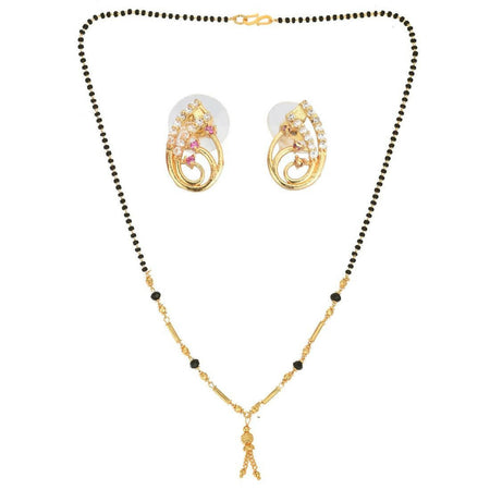 AanyaCentric Gold-Polished Short Mangalsutra Set with Earrings