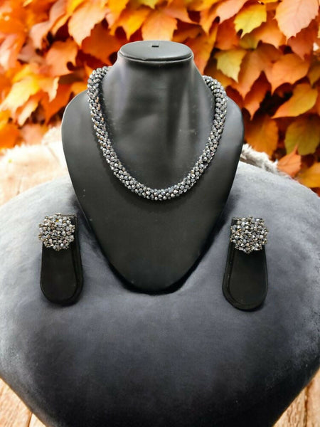 Inhanns Noor-E-Jalwa – Handmade Crystal Bead Necklace / Necklace With Earrings -Adjustable - Titanium