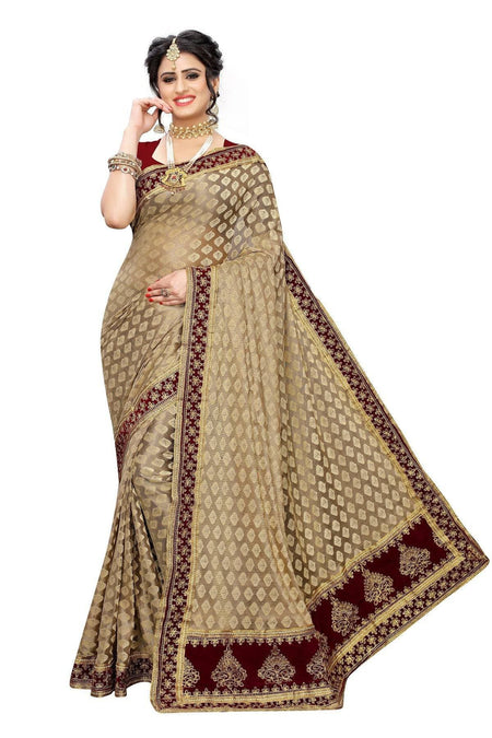 Vamika Brown and Maroon Terry Cotton Embroidery Saree