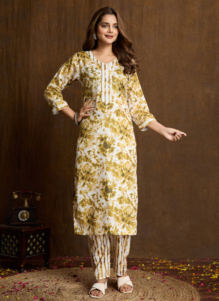 Prazu Fashion Cream Printed Cotton Blend Kurta Pant Set
