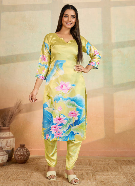 Prazu Fashion Light Yellow Printed Cotton Reyon Kurta Pant Set