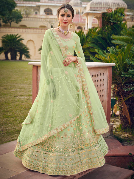 Myra Mint Green Net Heavy Embroidered Designer Lehenga