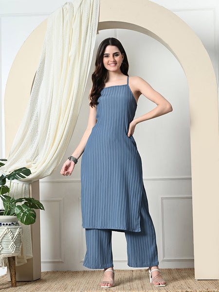 Myshka Women's Self Design Shoulder Straps Kurta & Palazzos Sets in Grey Color