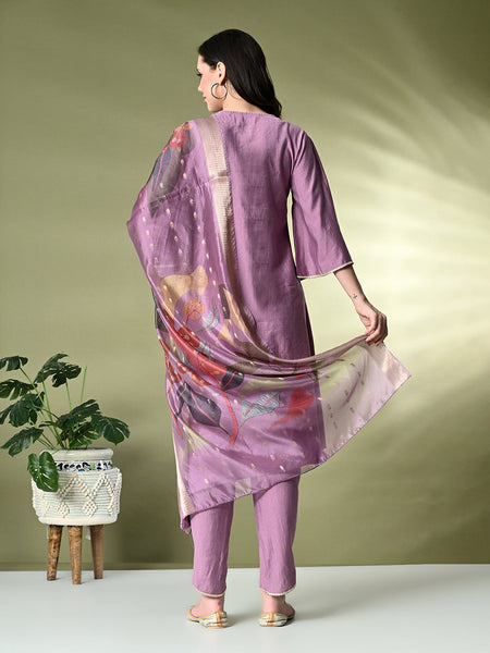 Myshka Women's Embroidered V-Neck Bell Sleeves Kurta & Dhoti Pants With Printed Dupatta Sets in Lavender Color