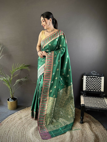 Joban Fashion Green Woven Zari Motifs Lichi Silk Banarasi Silk Saree