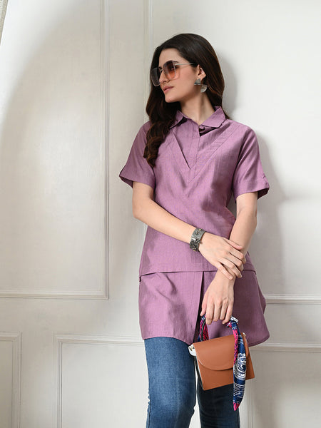 Myshka Women's Solid A-Line Collared Neck Casual Tunic In Lavender Color
