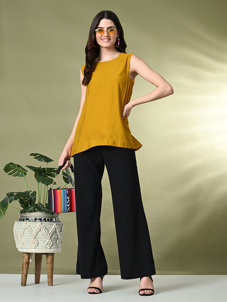 Myshka Women's Solid Embellished Sleeveless Casual Tops In Mustard Color