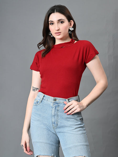 Myshka Women's Ribbed Choker Neck Cut-out Short Sleeves Top in Maroon Color